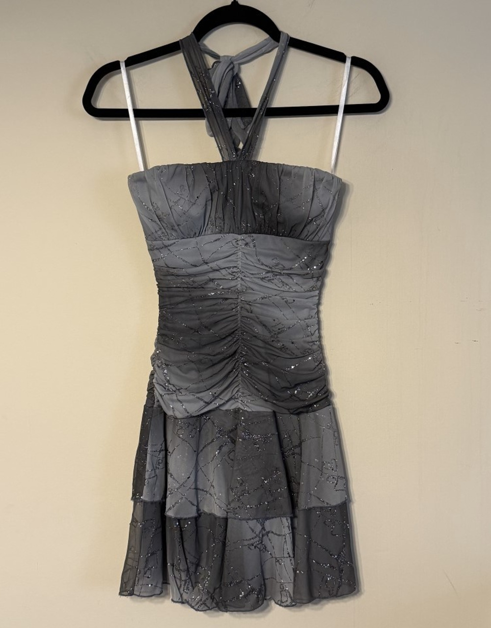 VTG Y2K Small Halter Mini Dress Gray Silver Glittery Ombre Whimsigoth Fairycore